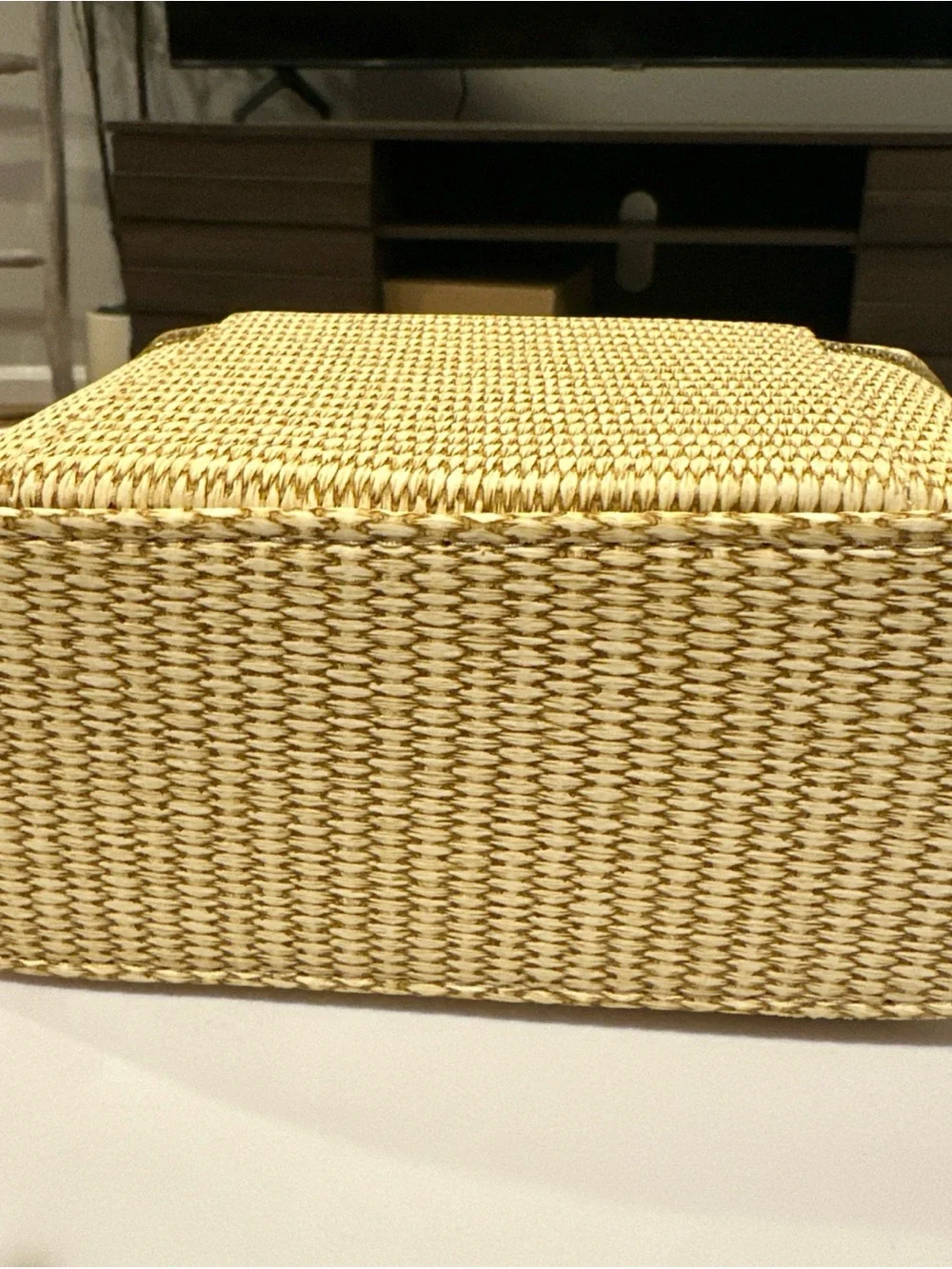 Woven Beige Crossbody Vanity Bag with Gold Handle